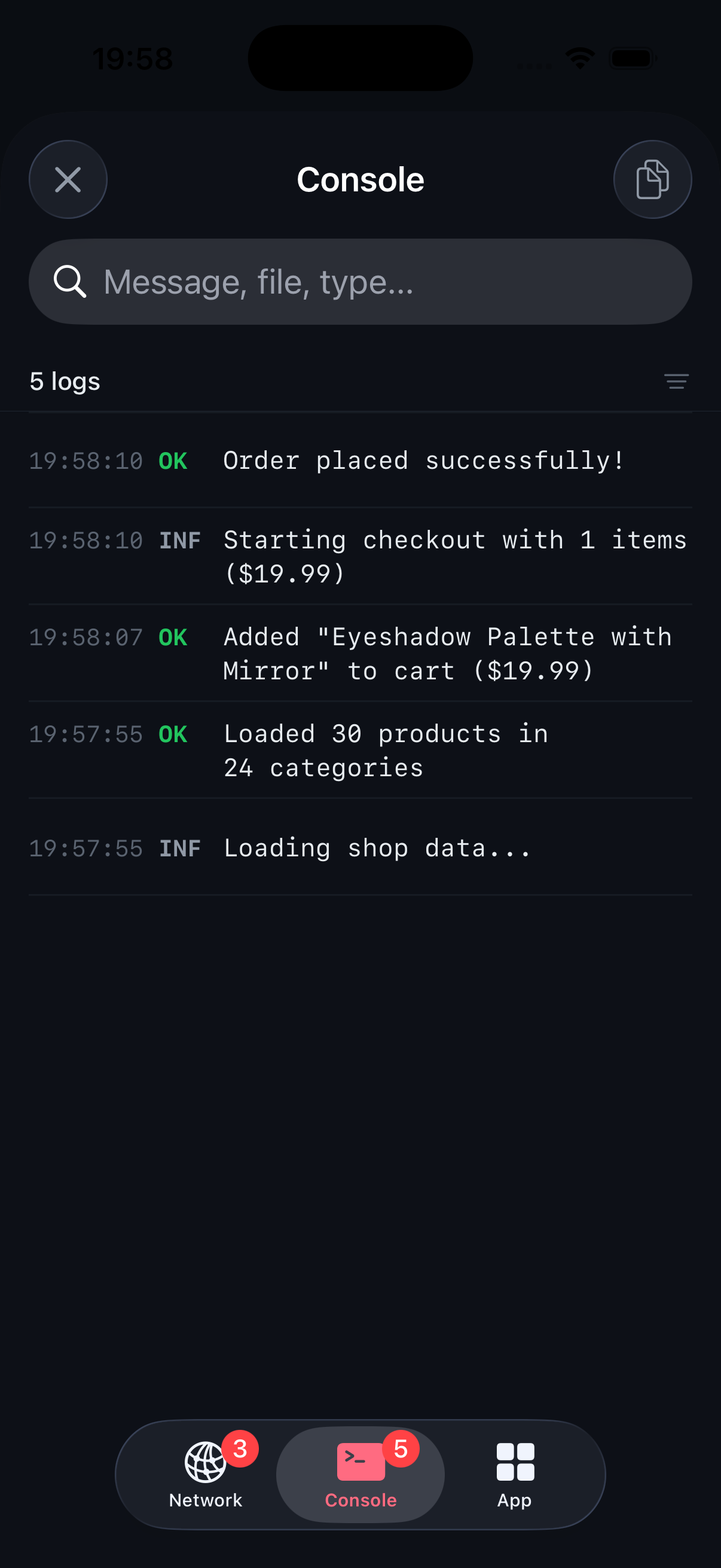 Console — terminal-style logs