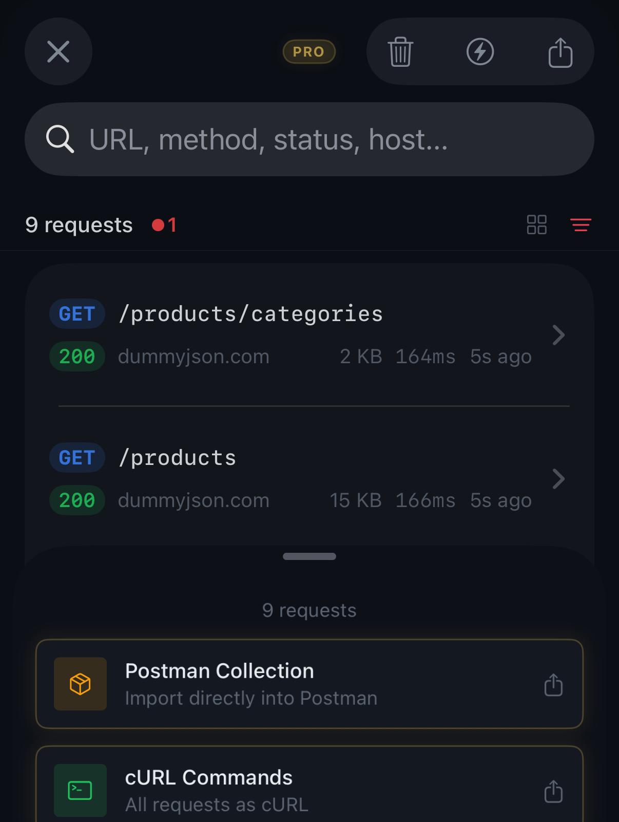 Export options — Postman, cURL, HAR