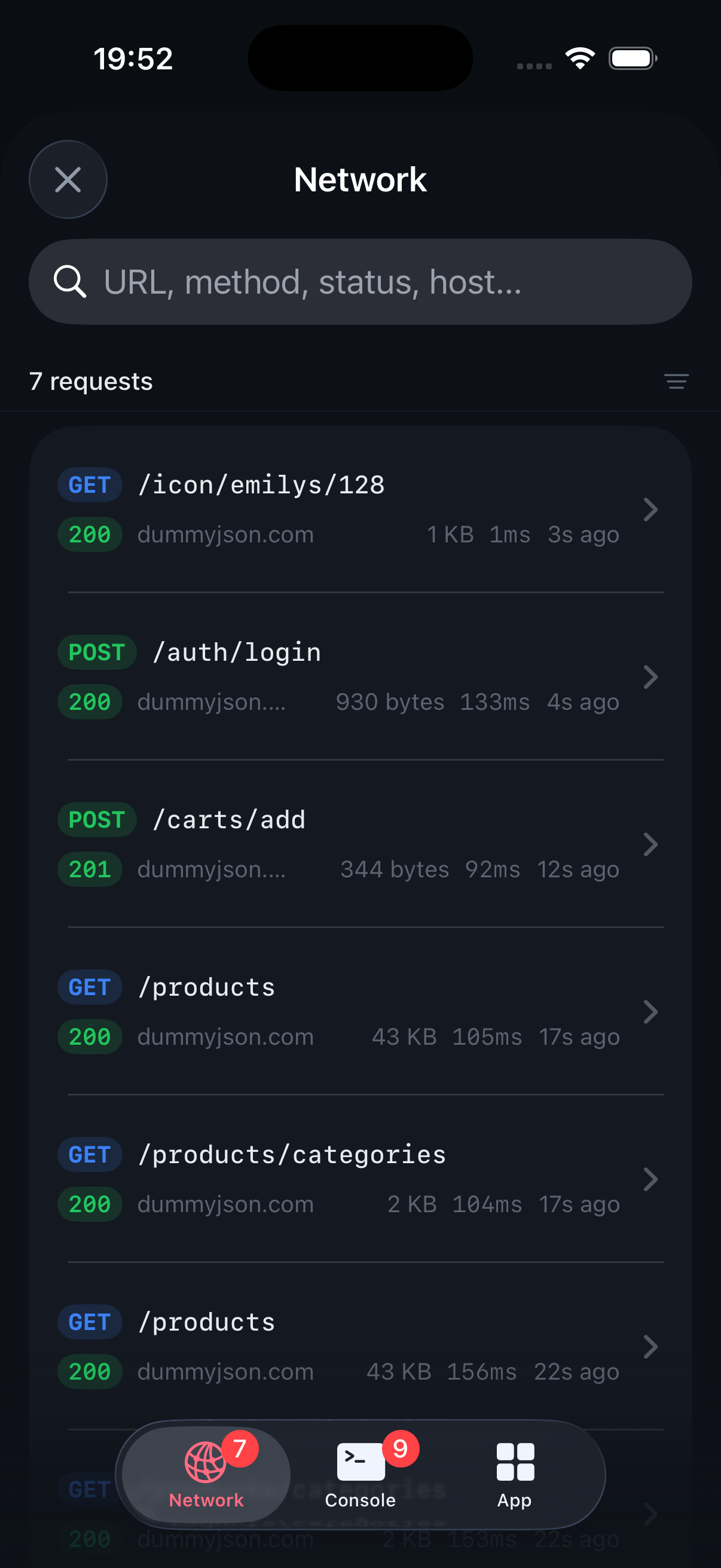 Pry network inspector showing captured API requests
